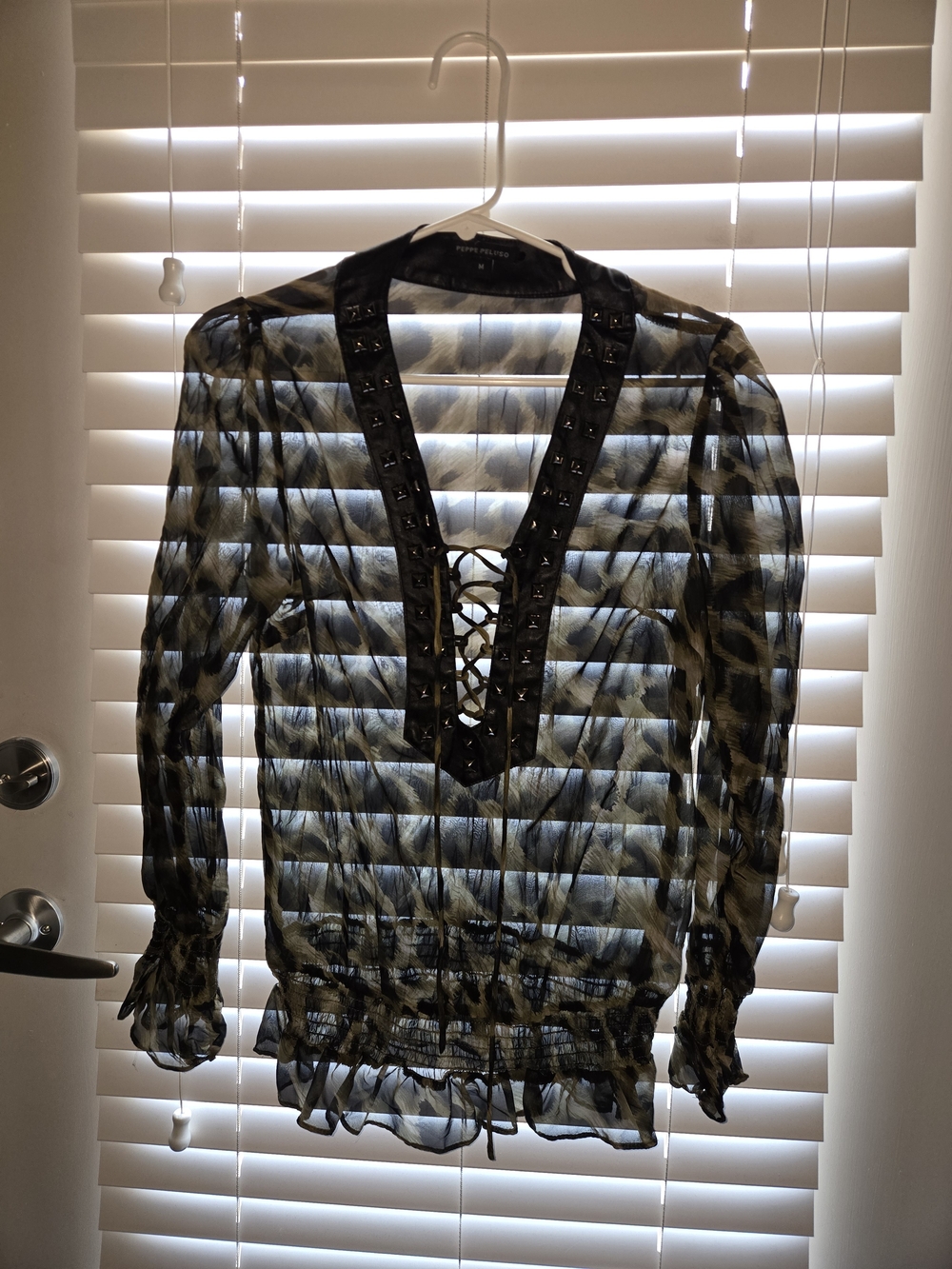 Peppe Peluso Olive and Black Camo Studded Lace-Up Sheer Blouse - Picture 5 of 6